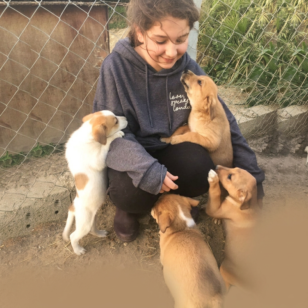 Voluntária agachada, cercada por filhotes de cachorro